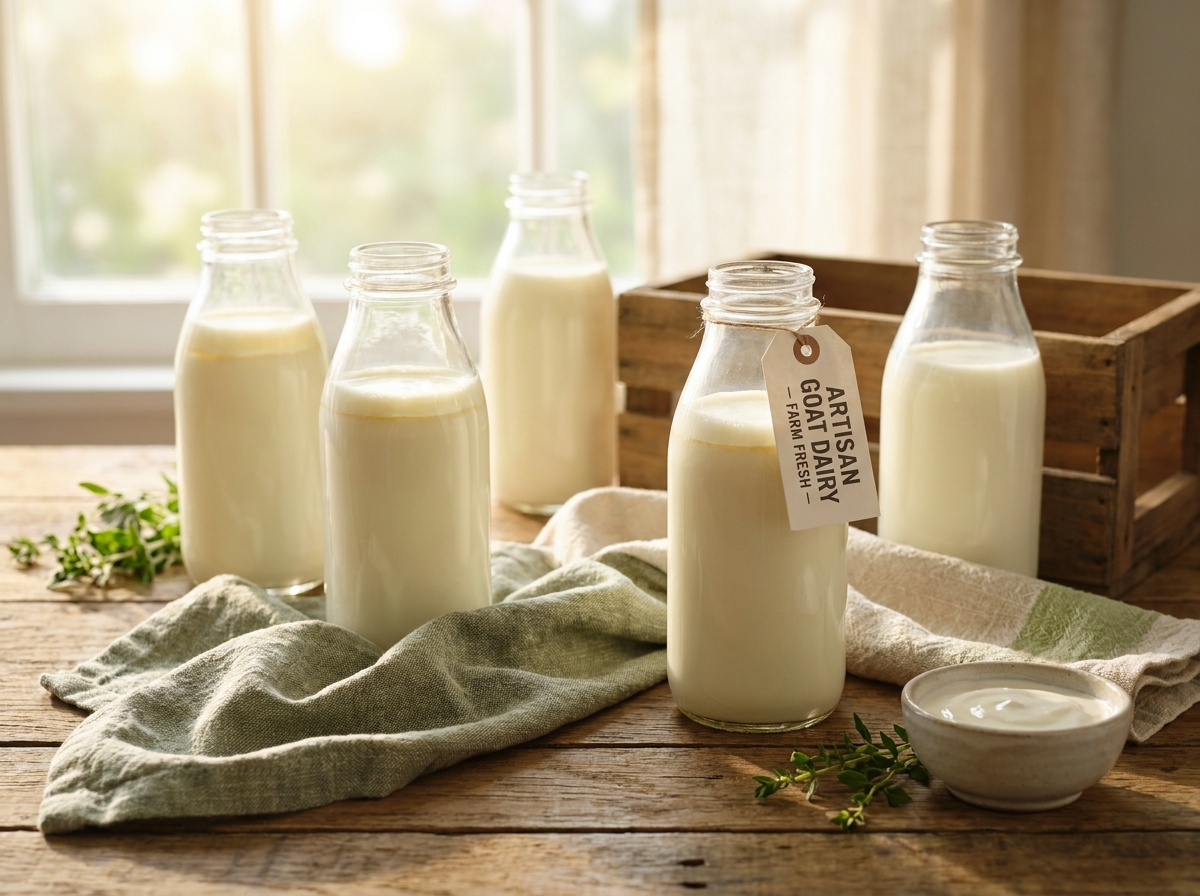 Fresh goat milk in glass bottles