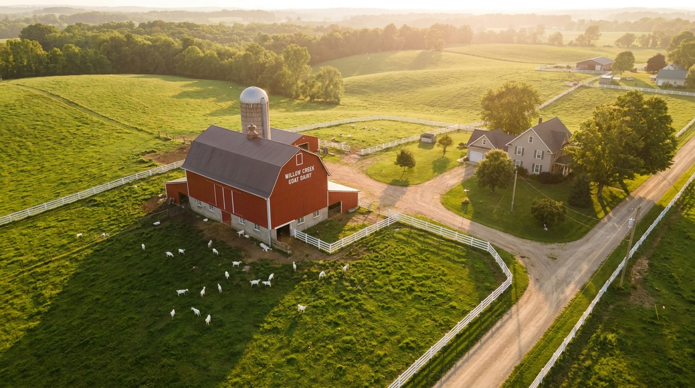 Aerial view of the goat dairy farm at golden hour